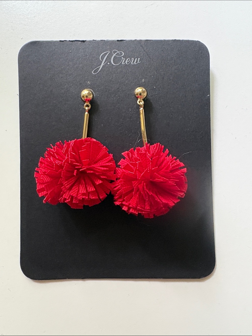 J. Crew Bright Red Pom-Pom Drop Earrings with Gold Accents